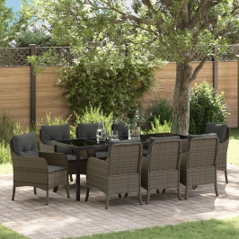 Conjunto de Comedor Jardín  de 9 Piezas con Cojines Gris Ratán Poliéster