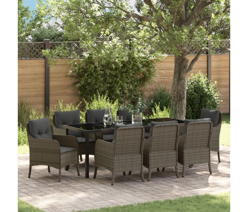 Conjunto de Comedor Jardín  de 9 Piezas con Cojines Gris Ratán Poliéster