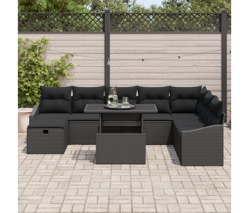 Set de Sofá de Jardín de 9 Piezas con Cojines Negro Ratán Poliéster
