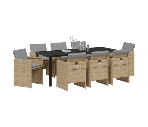 Juego de Comedor de Jardín de 9 Piezas con Cojines Ratán Poli Beige