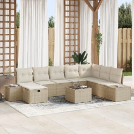 Juego de Sofá de Jardín  de 9 Piezas con Cojines Beige Poliratán