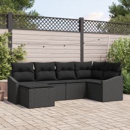 Conjunto de Comedor de Jardín  de 6 Piezas con Cojines Negro Poliratán