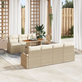 Juego de Comedor de Jardín de 8 Piezas con Cojines Beige Ratán Poliéster