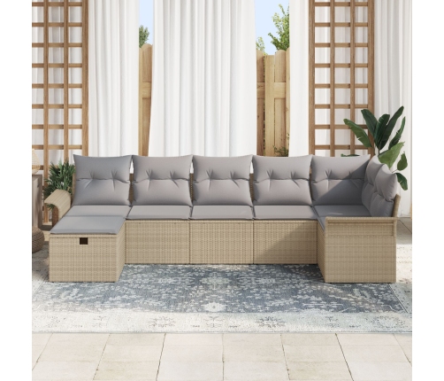 Conjunto de Sofá de Jardín  de 7 Piezas con Cojines Beige Ratán Poliéster