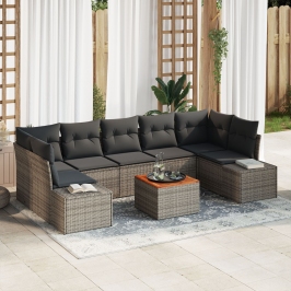 Conjunto de sofá de jardín de 8 piezas con cojines gris polirratán acacia