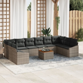 Juego de Sofás de Jardín de 11 Piezas con Cojines Gris Poliratán Acacia