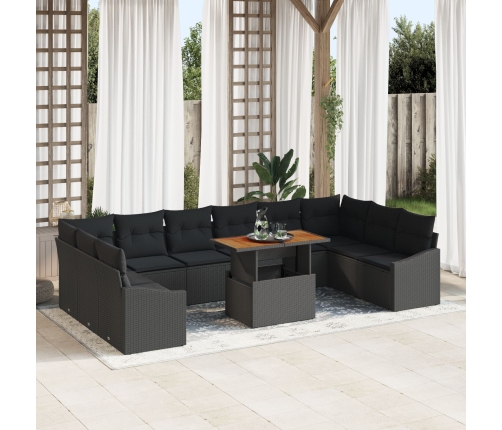 Conjunto de Sofá de Jardín  Juego de 11 Negro Ratán, Tapa de Madera