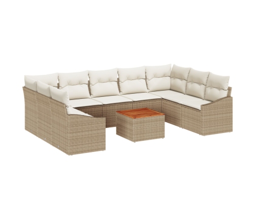 Juego de Sofás de Jardín de 10 Piezas con Cojines Beige Poliratán Acacia