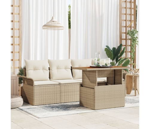 Juego de Sofá de Jardín de 5 Piezas con Cojines Beige Ratán Polivalente Acacia