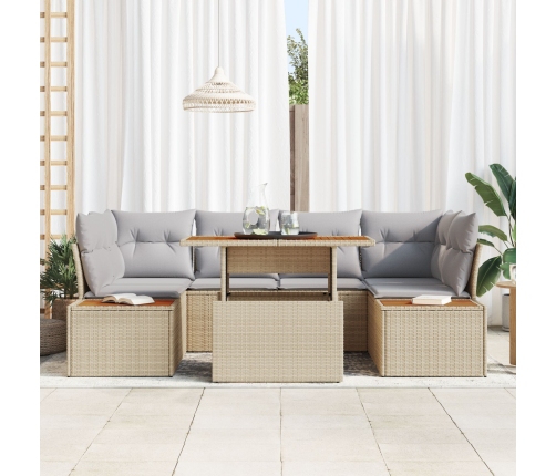Conjunto de Comedor de Jardín de 7 Piezas con Cojines Ratán Beige Poli Ratan Acacia