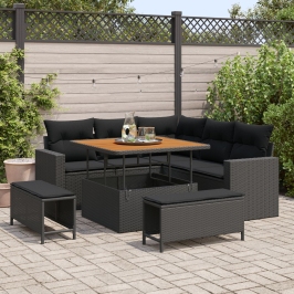 Conjunto de Sofás de Jardín  de 8 piezas con Cojines Negro Polirratán Acacia, Conjunto de Comedor de Jardín  de 3 piezas con Cojines Negro Polirratán Acacia