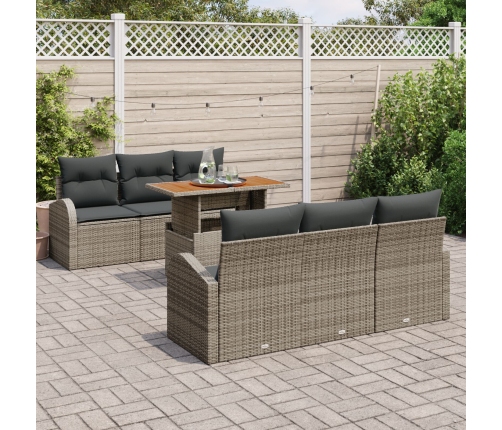 Juego de Comedor de Jardín de 7 Piezas con Cojines Gris Ratán Poliéster Acacia