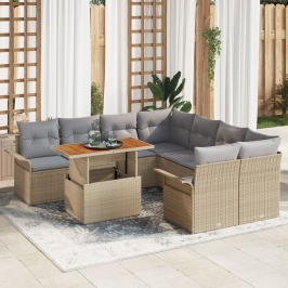 Conjunto de Sofá de Jardín de 9 Piezas con Cojines Beige Poliratán Acacia
