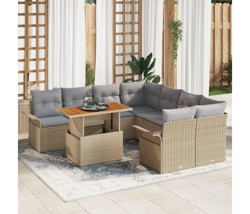 Conjunto de Sofá de Jardín de 9 Piezas con Cojines Beige Poliratán Acacia