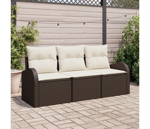 Set de Sofá de Jardín de 3 Piezas con Almohadillas Marrón Poliratán