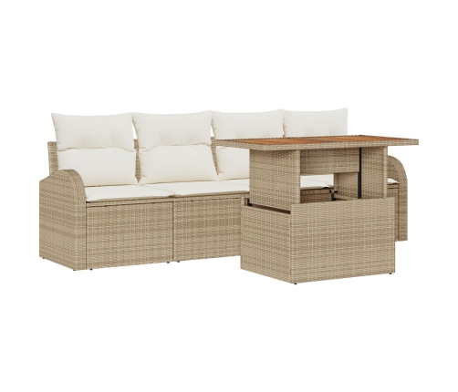 Juego de Comedor de Jardín de 5 Piezas con Cojines Beige Ratán Poliacacia