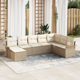 Set de sofá de jardín de 8 piezas con cojines ratán beige