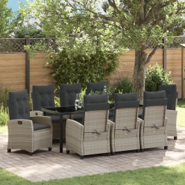 Conjunto de Comedor de Jardín de 9 Piezas con Cojines Gris Claro Poliratán
