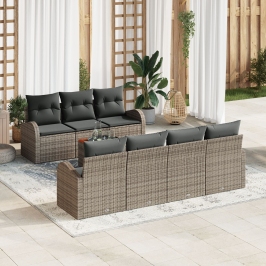 Conjunto de Sofá de Jardín de 8 Piezas con Cojines Gris Poliratán Acacia