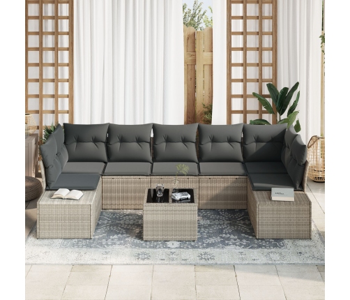 Set de sofá de jardín de 8 piezas con cojines gris claro poliratán