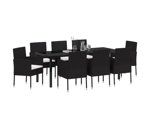 Conjunto de Comedor de Jardín  de 9 Piezas con Cojines Ratán Poliéster Negro