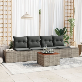 Conjunto de Sofá de Jardín de 5 Piezas con Cojines Gris Poliratán Acacia
