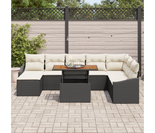 Conjunto de Comedor de Jardín de 9 Piezas con Cojines Negros de Ratán Poliéster y Acacia