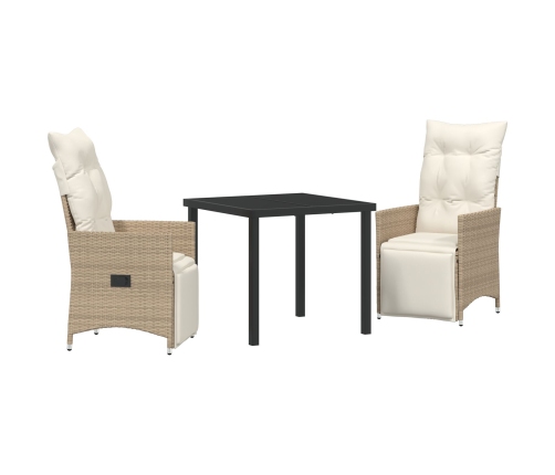 Juego de Comedor de Jardín de 3 Piezas  con Cojines Beige Poliratán
