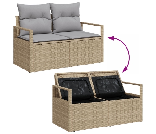 Juego de Sofá de Jardín de 13 Piezas con Cojines Beige Ratán Poliéster Acacia,  Sofá de Jardín de 2 Plazas con Almacenamiento y Cojines Beige Ratán Poliéster,  Juego de Comedor de Jardín de 3 Piezas con Cojines Beige Ratán Poliéster Acacia