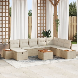 Conjunto de Sofás de Jardín de 9 Piezas con Cojines Beige Ratán Poliéster