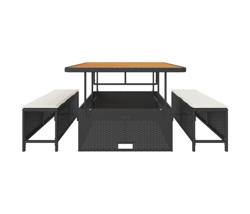 Conjunto de Comedor de Jardín de 3 Piezas con Cojines Negros de Poliratán y Acacia