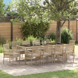 Juego de Comedor de Jardín de 11 Piezas con Cojines Beige Poliratán