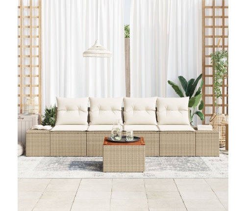 Conjunto de Sofá de Jardín  de 5 Piezas con Cojines Beige Ratán Sintético Acacia