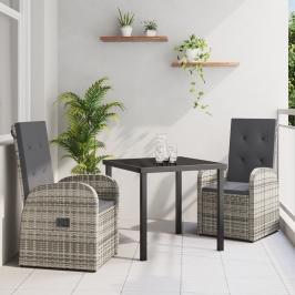 Conjunto de Comedor de Jardín de 3 Piezas con Cojines en Gris de Poliratán