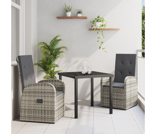 Conjunto de Comedor de Jardín de 3 Piezas con Cojines en Gris de Poliratán
