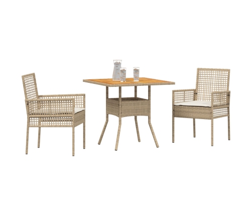 Juego de Comedor de Jardín  de 3 Piezas con Cojines Beige Poliratán