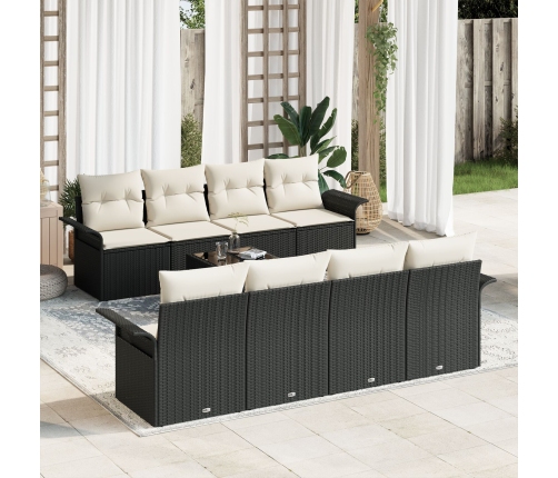 Set de sofá de jardín de 9 piezas con cojines de poliratán negro