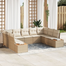 Conjunto de Sofá de Jardín de 9 Piezas con Cojines Beige de Ratán Poliéster Acacia
