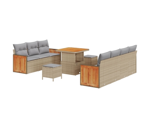 Juego de Sofás de Jardín de 10 Piezas con Cojines Beige Ratan Poly Acacia,  Sofá de Jardín de 2 Plazas con Cojines Beige Ratan Poly,  Juego de Comedor de Jardín de 3 Piezas con Cojines Beige Ratan Poly Acacia