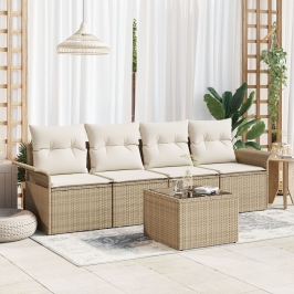 Conjunto de Sofá de Jardín de 5 Piezas con Cojines Beige Poliratán