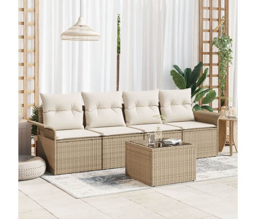Conjunto de Sofá de Jardín de 5 Piezas con Cojines Beige Poliratán