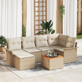 Set de 7 Piezas de Sofá de Jardín con Cojines Beige de Ratán Sintético y Acacia