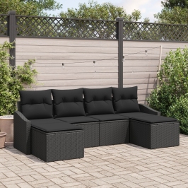 Conjunto de Comedor de Jardín  de 6 Piezas con Cojines de Ratán Poliéster Negro