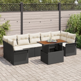 Set de Sofá de Jardín de 8 Piezas con Cojines Negro Ratán PE Acacia