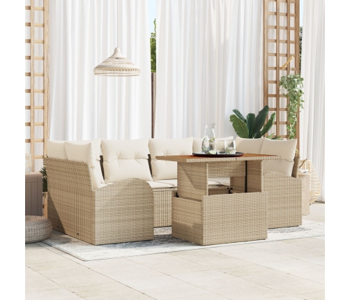 Juego de Comedor de Jardín de 7 Piezas con Cojines Beige Ratán Sintético Acacia