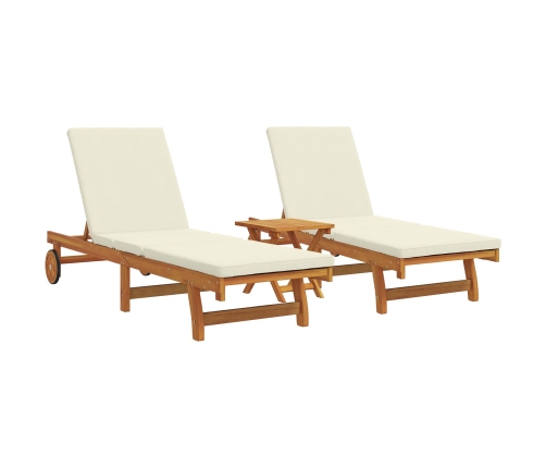 Tumbonas con ruedas  2 pcs con mesa y cojín de madera maciza de acacia