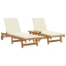 Tumbonas con ruedas  2 pcs con mesa y cojín de madera maciza de acacia