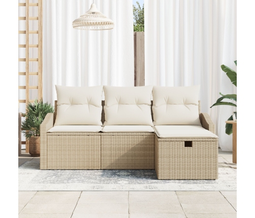 Conjunto de sofá de jardín de 4 piezas con cojines ratán sintético beige