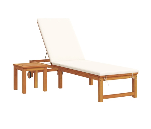 Tumbona con Mesa y Cojín de Madera Sólida de Acacia,  Tumbona con Cojines Crema de Madera Sólida de Acacia,  Mesa Lateral de Jardín 35x35x34 cm de Madera Sólida de Acacia