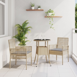 Juego de Comedor de Jardín Set de 3 Beige Mimbre, Vidrio Duradero